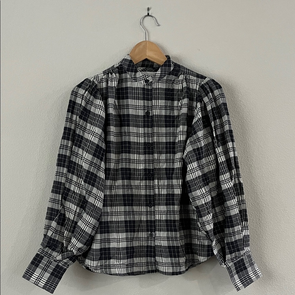 Unsubscribed $280 Plaid Puff Long Sleeves Blouse S NWOT Black White Boho